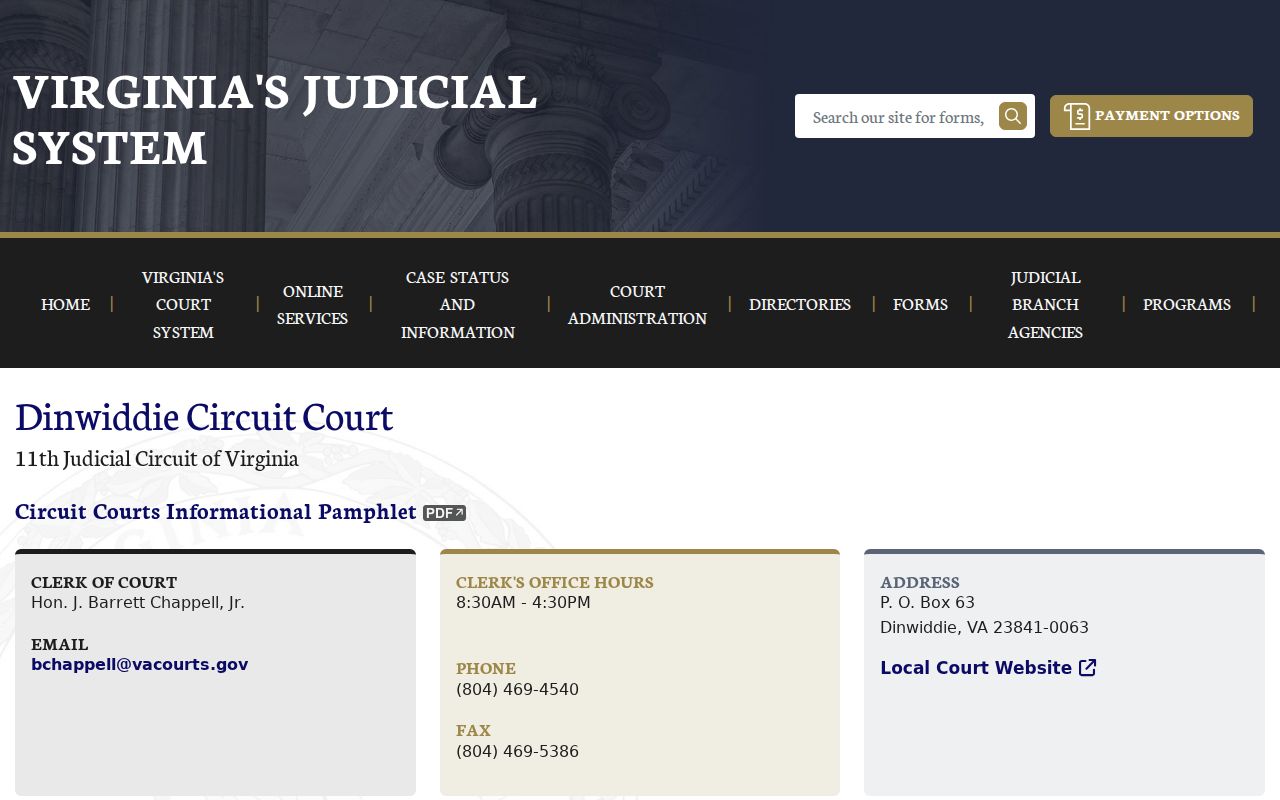 Dinwiddie County Circuit Court contact route for bench warrant records