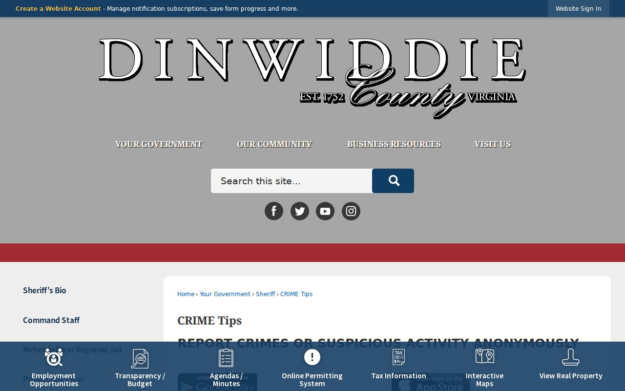 Dinwiddie County warrant tip program and anonymous reporting page