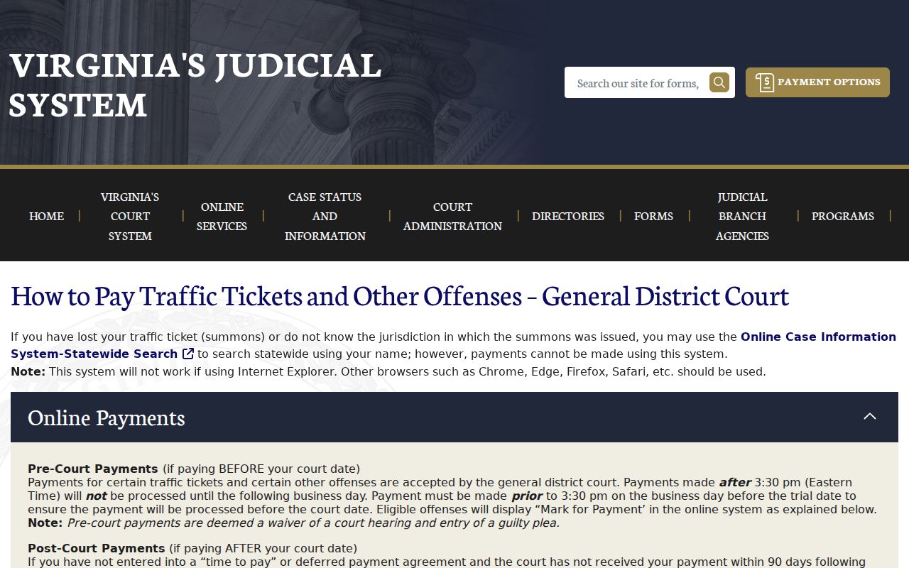 Dinwiddie County traffic warrant case search and court payment instructions