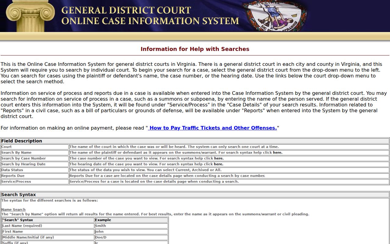 Dinwiddie County warrant and case-search options in General District Court help