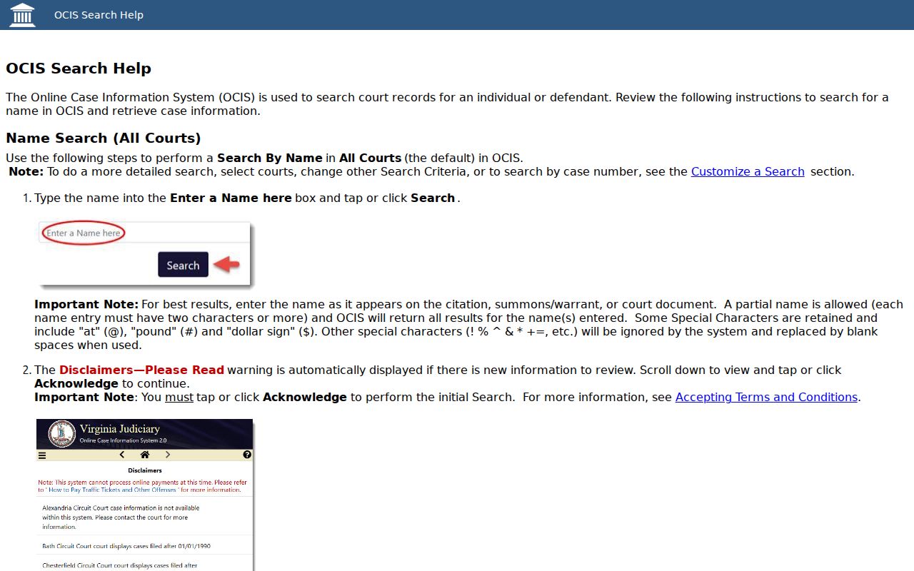Dinwiddie County warrant search fields in the official Virginia OCIS instructions